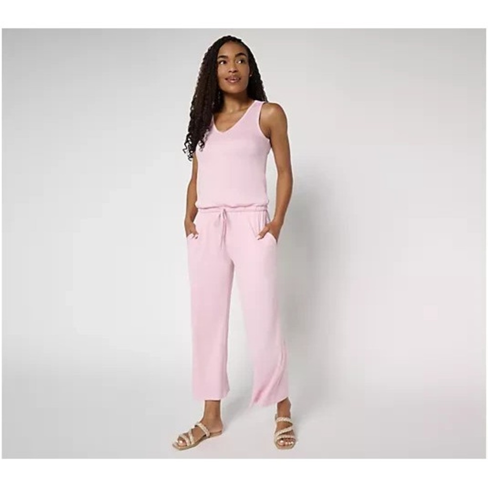 MUK LUKS Regular Cloud Knit Sleeveless Crop Jumpsuit Pink, Medium